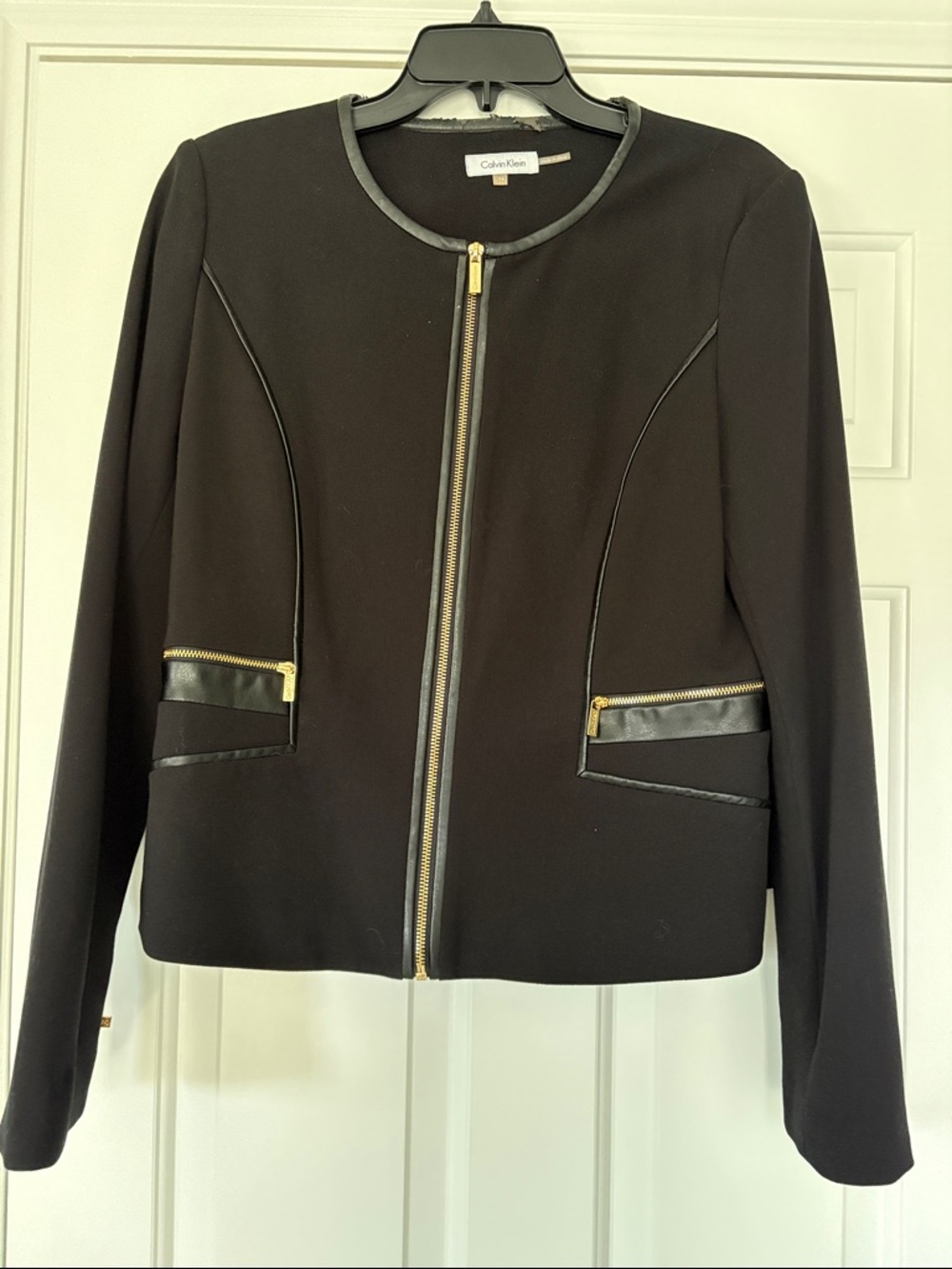 All about the details! Calvin Klein Zip-Front Blazer, Gold Accents, Faux Leather